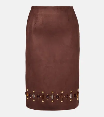 Xu Zhi Embellished Faux Suede Pencil Skirt In Brown
