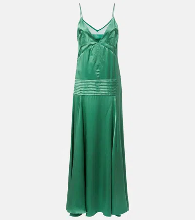 Xu Zhi Embroidered Pleated Silk Satin Gown In Green
