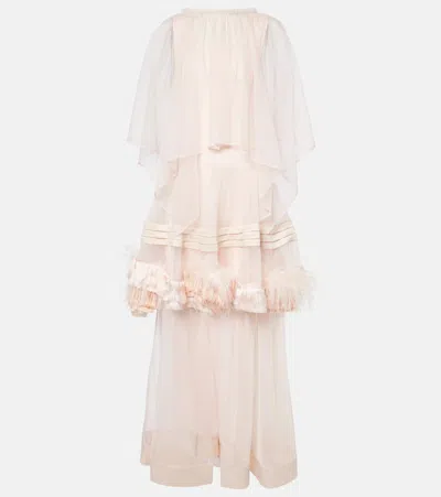 Xu Zhi Feather-trimmed Ruffled Tulle Gown In Pink