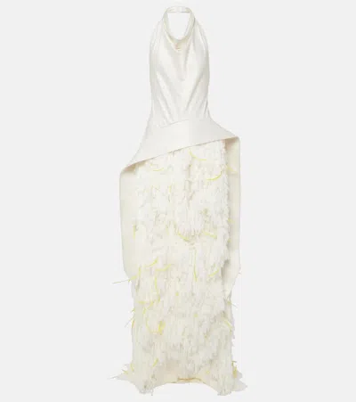Xu Zhi Halterneck Feather-trimmed Gown In White