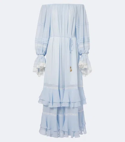Xu Zhi Ruffled Off-shoulder Lace-trimmed Maxi Dress In Blue