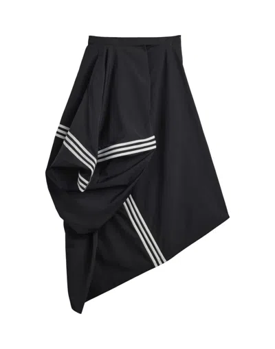 Y-3 ASYMMETRICAL BLACK MIDI SKIRT WITH TRIPLE STRIPE ACCENTS