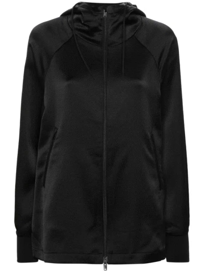 Y-3 BLACK TEXTURED ZIP-UP HOODIE