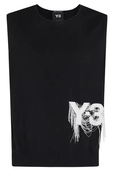 Y-3 Frayed Logo Knit Vest With Ribbed Hem In Black