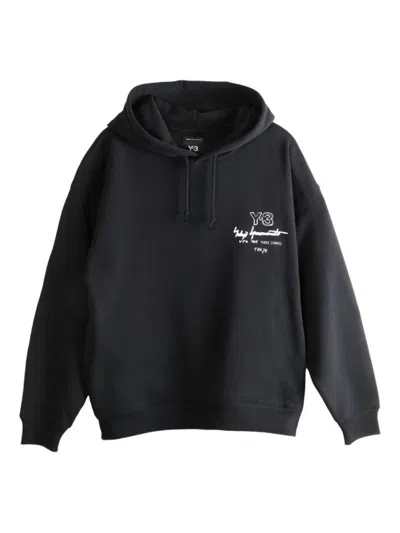 Y-3 GRAPHIC-PRINT BLACK COTTON HOODIE WITH DRAWSTRING HOOD