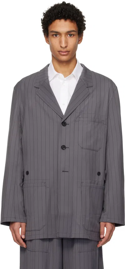 Y-3 GRAY PINSTRIPE REFINED WOOL CHORE BLAZER