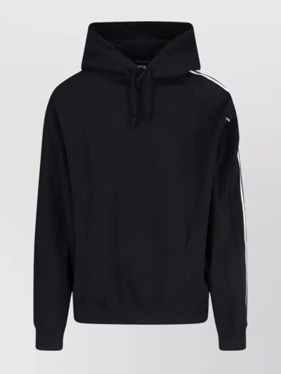 Y-3 Hooded Drawstring Sweatshirt With Ribbed Accents In Blue