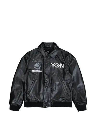 Y-3 Logo Leather Bomber Jacket In Black