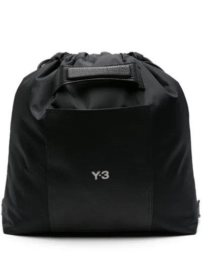 Y-3 Men's Black Recycled Polyamide Drawstring Backpack With Debossed Logo And Magnetic Closure