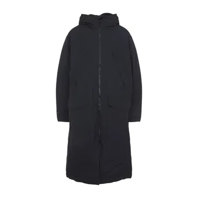 Y-3 MINIMALIST BLACK LONG COAT WITH FLAP POCKETS AND HOOD