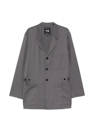 Y-3 Pinstripe-pattern Single-breasted Coat In Gray
