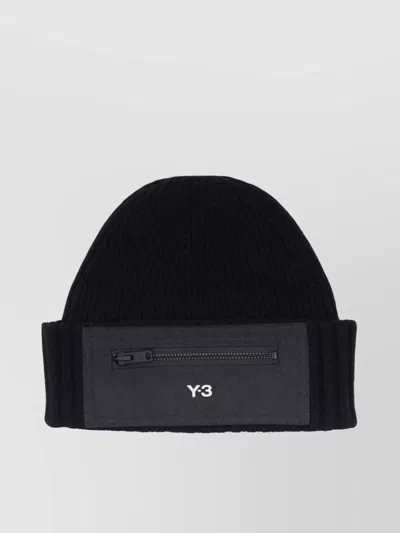 Y-3 Ribbed Knit Beanie Cap With Zip Detail In Black
