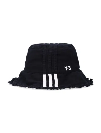Y-3 Stripes Black Bucket Hat In Blue