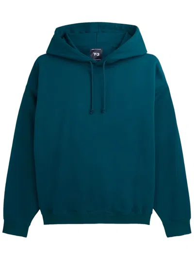 Y-3 Hooded Logo Knit Sweatshirt Relaxed Fit Drawstring Hem In Blue