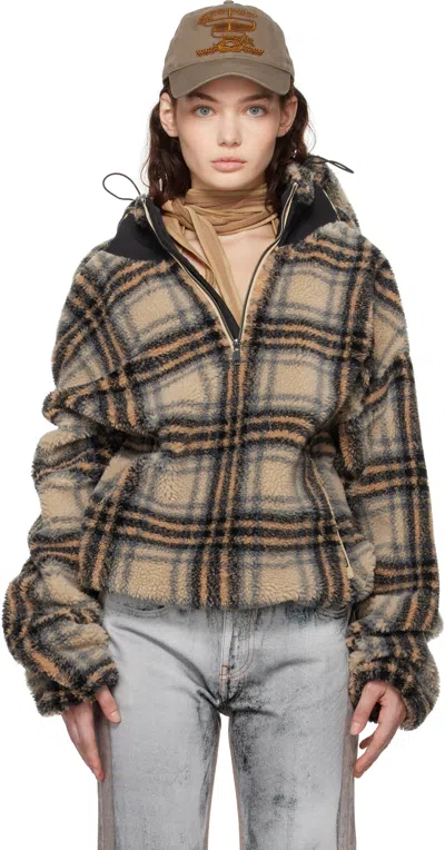 Y/project Beige Insert Hood Fleece Pullover Hoodie In Beige/black Check