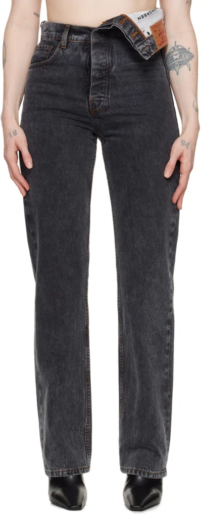 Y/project Black Asymmetric Waist Jeans In Washed Black