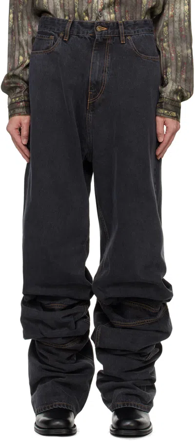 Y/project Black Draped Cuff Jeans In Evergreen Vintage Bl