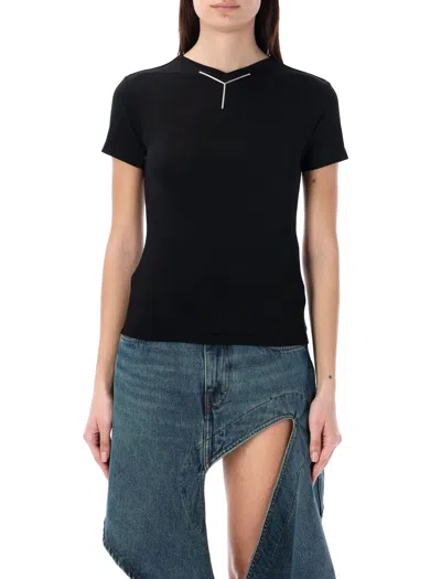 Y/PROJECT BLACK RIBBED V COLLAR BABY TEE FOR WOMEN