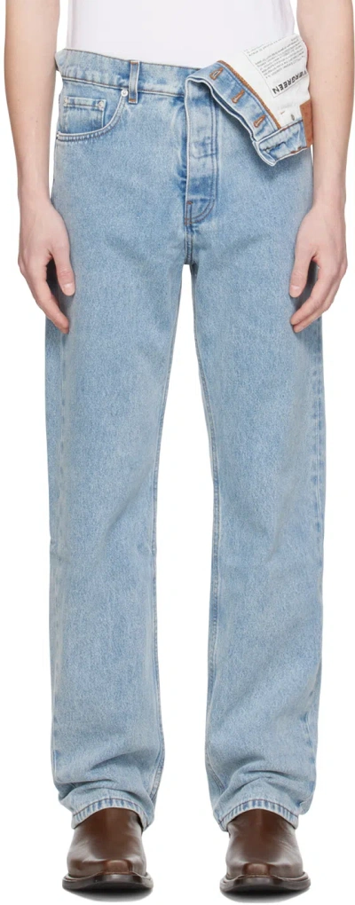 Y/project Blue Asymmetric Waist Jeans In Evergreen Ice Blue