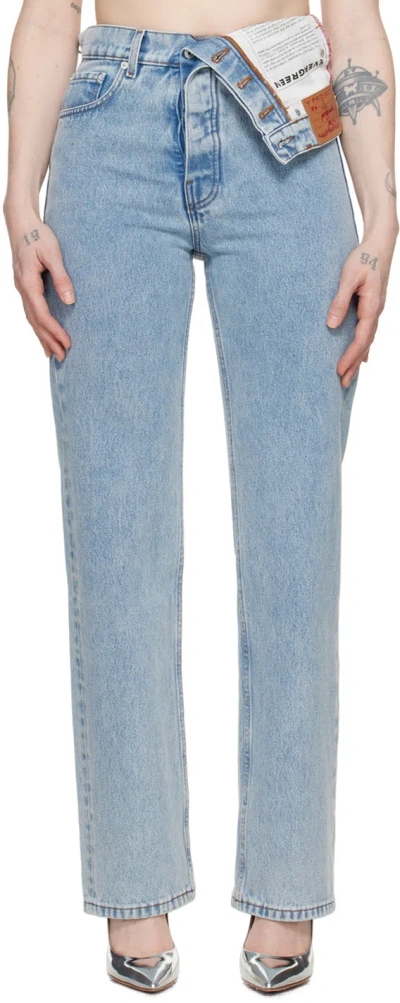 Y/project Blue Asymmetric Waist Jeans In Ice Blue