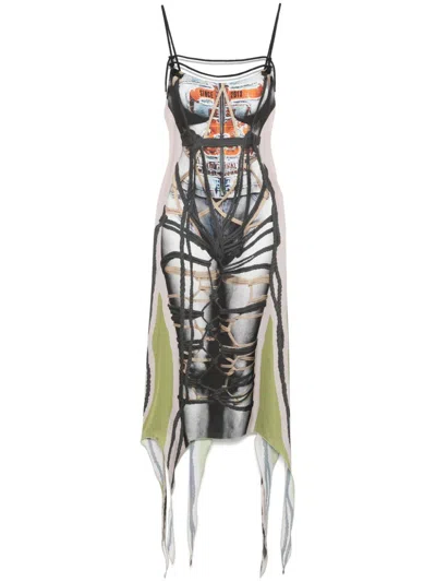 Y/project Multicolor Bondage Print Midi Dress In Taupe/green