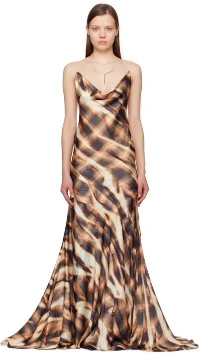 Y/project Satin Printed Invisible Strap Long Dress In Yellow & Orange