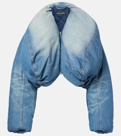Y/project Cropped Denim Puffer Jacket In Blue