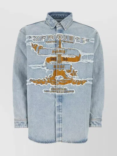 Y/PROJECT DISTRESSED DENIM SHIRT FEATURING GRAPHIC PRINT