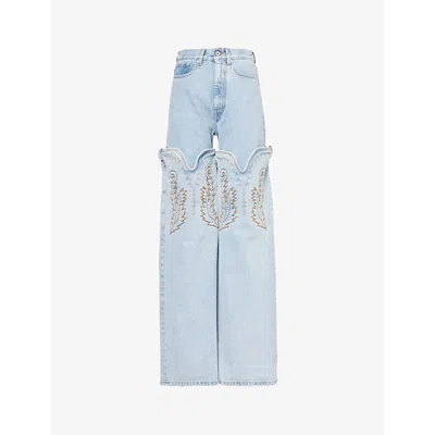 Y/project Evergreen Cowboy Embroidered Mid-rise Wide-leg Organic-denim Jeans In Evergreen Ice Blue