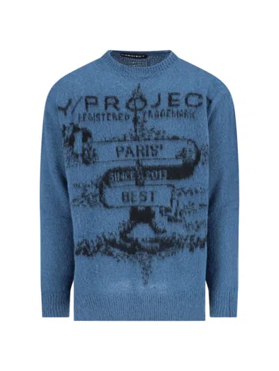 Y/PROJECT LOGO SWEATER IN BLUE MOHAIR BLEND KNITTED