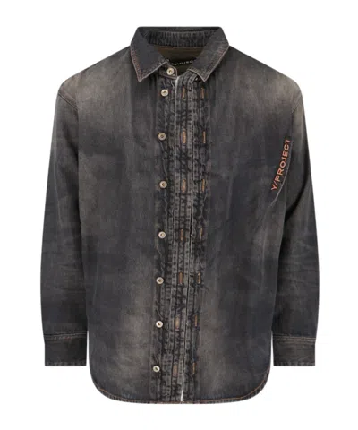 Y/project Asymmetric Hook-fastening Denim Shirt In Black