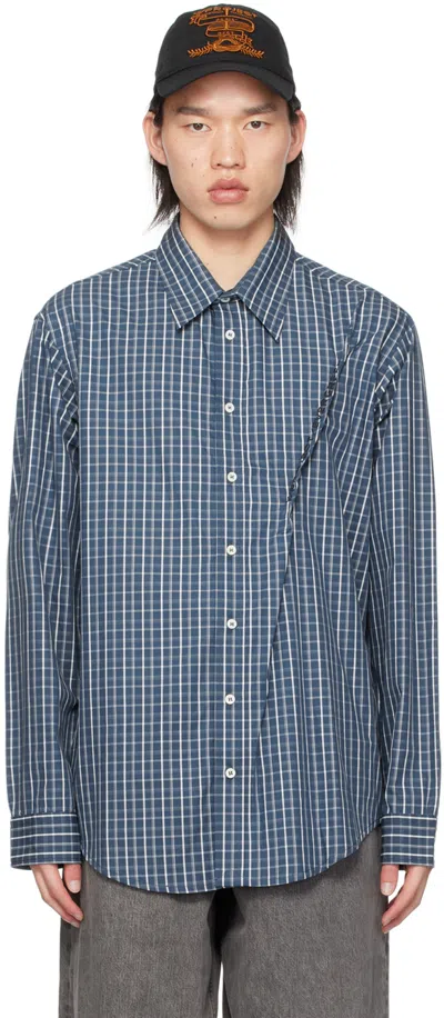 Y/project Navy Pinched Seam Shirt In Blue Check