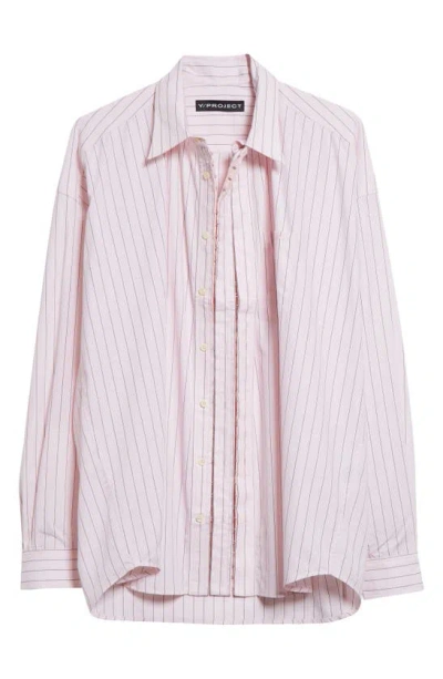 Y/project Oversize Hook & Eye Placket Stripe Shirt In Pink Stripe