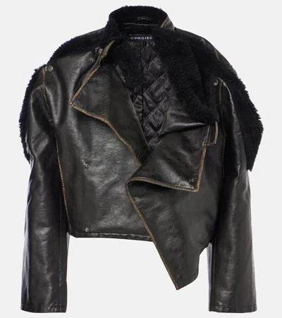 Y/project Paneled Cropped Faux Leather Jacket In Black/brown