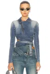 Y/project Cinched Waist Distressed Sleeve Jacket In Faded Blue