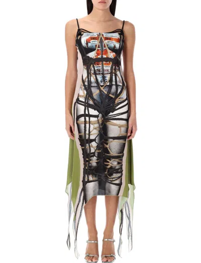 Y/project Bondage Print Dress Sheer Panels In Taupe Green