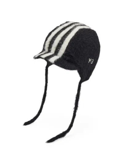 Y-3 3-stripes Hairy-knit Bonnet In Black
