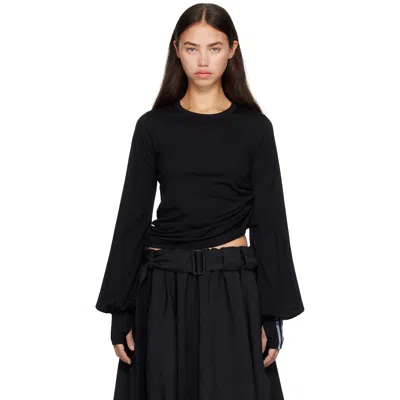 Y-3 Black Wool Cinched Drape Long Sleeve T-shirt
