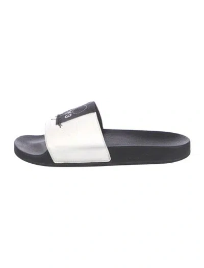 Pre-owned Y-3 Leather Graphic Print Slides In Blue