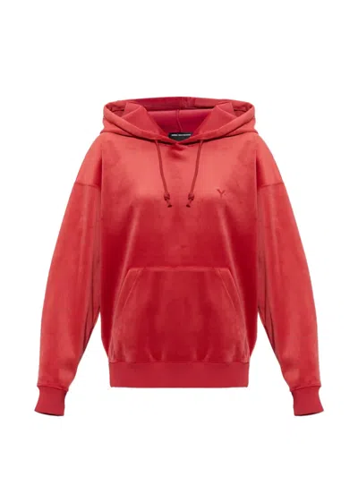 Y-3 Logo-embroidered Velvet Hoodie In Red
