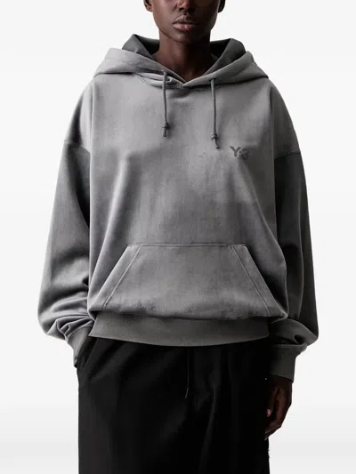 Y-3 Logo-print Velvet Hoodie In Gray
