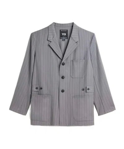 Y-3 Pinstripe Wool Blend Work Jacket In Gray