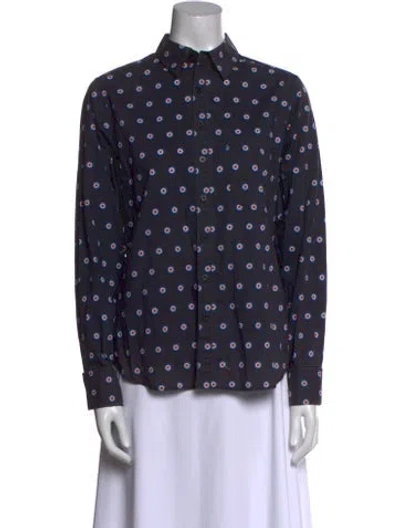 Pre-owned Y-3 Printed Mock Neck Button-up Top In Blue