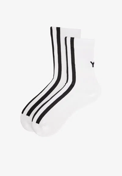 Y-3 Ribbed Stripe Crew Socks In White