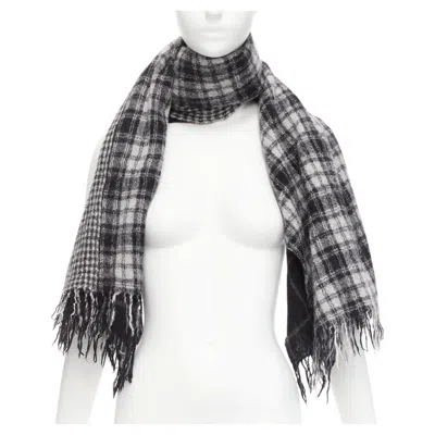 Pre-owned Y-3 Y's Yohji Yamamoto Grey 100% Wool Checkered Black Y Safety Pin Fringe Scarf In Gray