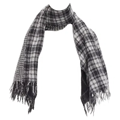 Pre-owned Y-3 Y's Yohji Yamamoto Grey 100% Wool Checkered Black Y Safety Pin Fringe Scarf In Gray