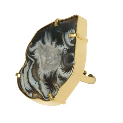 Yaa Yaa London Women's Black / Brown / Gold Quiet Luxury Druzy Swirl Gold Adjustable Ring In Multi