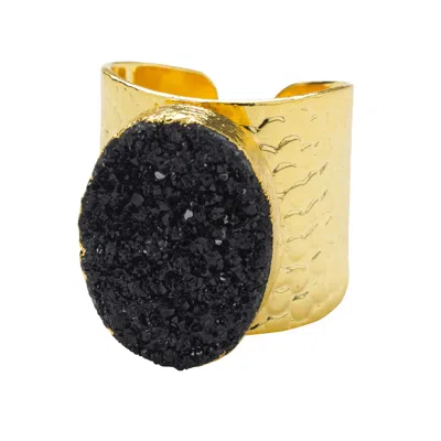 Yaa Yaa London Women's Black Crystal Crush Gold Statement Ring