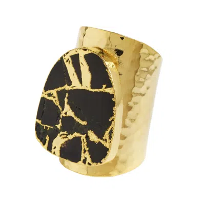 Yaa Yaa London Women's Black / Gold Longline Molten Black Stone Gold Cuff Statement Ring In Multi