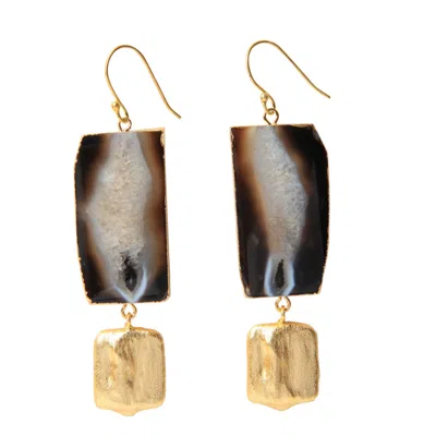 Yaa Yaa London Women's Black / Grey / Gold Hold The Baby Black Agate Statement Earrings In Multi